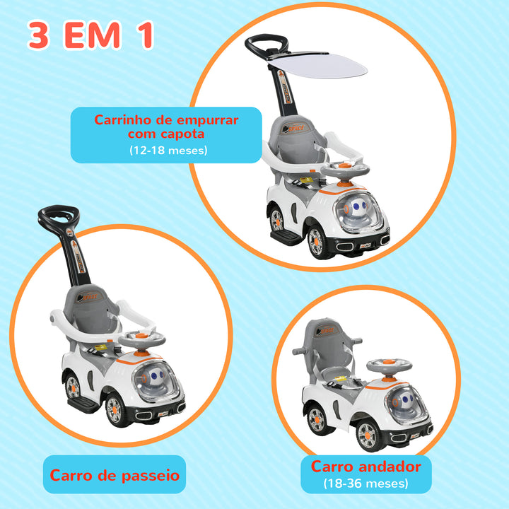 Carro Andador 3 em 1 para Crianças 12-36 Meses Carro Andador com Espaço de Armazenamento Design de Robot com Olhos Luminosos Música Buzina Pega de Empurrar e Toldo Amovíveis 89x44,5x84 cm Branco