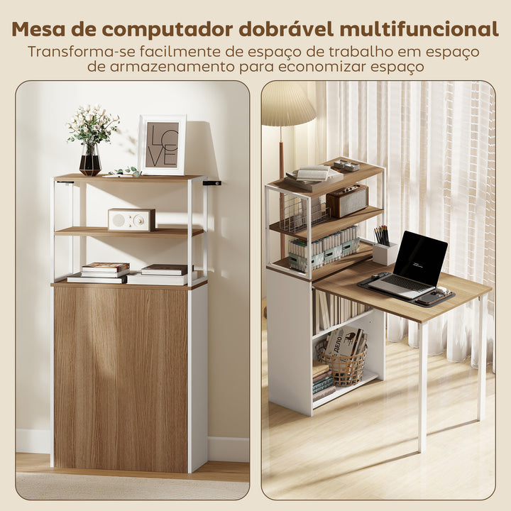 Secretária Dobrável com Estante Mesa de Secretária com 4 Prateleiras Mesa de Computador para Espaços Pequenos Estúdio, Escritório em Casa 105x60x127 cm Madeira