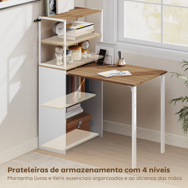 Secretária Dobrável com Estante Mesa de Secretária com 4 Prateleiras Mesa de Computador para Espaços Pequenos Estúdio, Escritório em Casa 105x60x127 cm Madeira