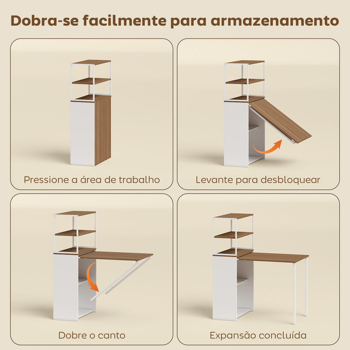 Secretária Dobrável com Estante Mesa de Secretária com 4 Prateleiras Mesa de Computador para Espaços Pequenos Estúdio, Escritório em Casa 105x60x127 cm Madeira