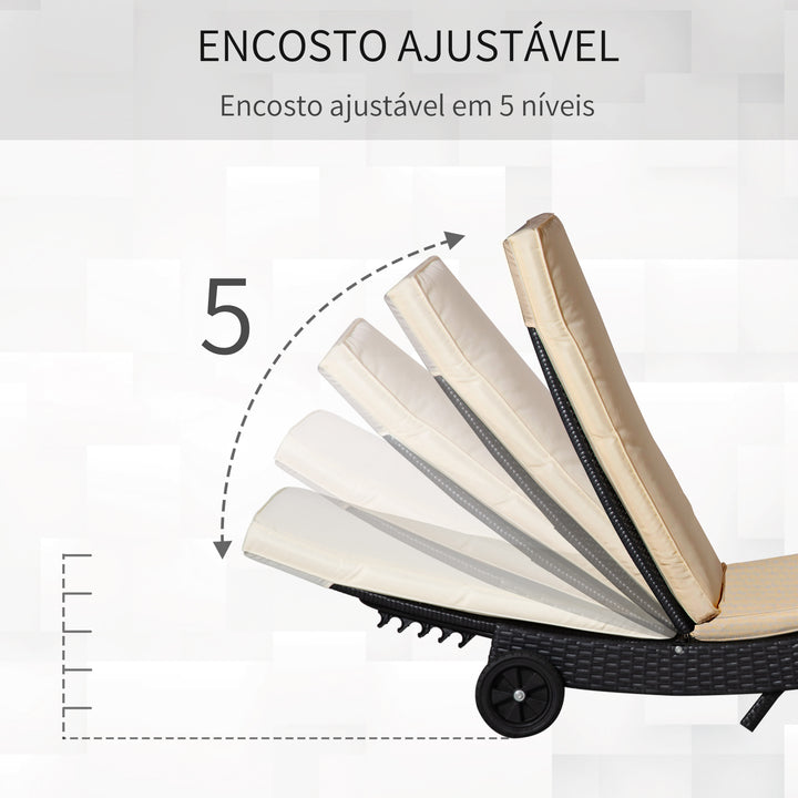 Espreguiçadeira de Vime Reclinável Espreguiçadeira de Jardim com Forma de S com 2 Rodas Encosto Ajustável em 5 Posições e Almofada Amovível para Pátio Varanda 207x70x70 cm Preto e Creme