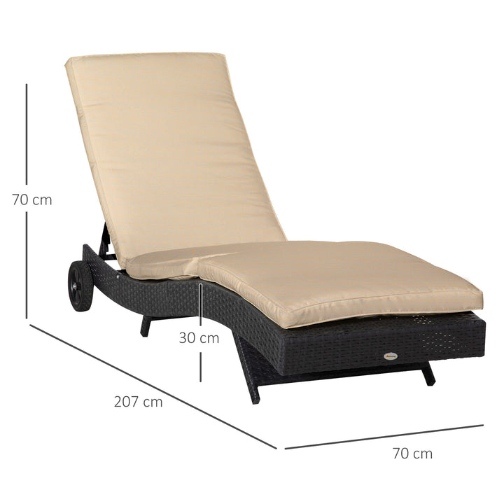 Espreguiçadeira de Vime Reclinável Espreguiçadeira de Jardim com Forma de S com 2 Rodas Encosto Ajustável em 5 Posições e Almofada Amovível para Pátio Varanda 207x70x70 cm Preto e Creme