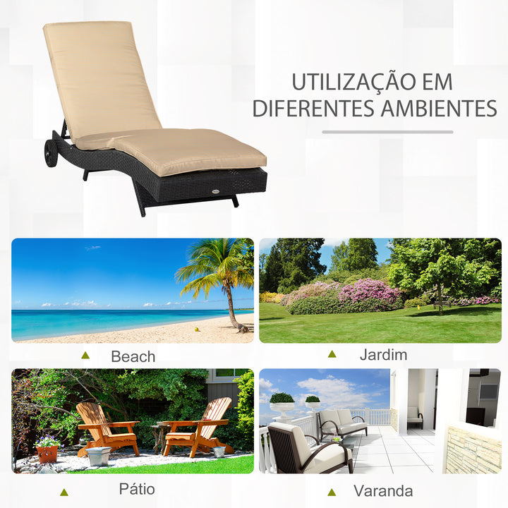 Espreguiçadeira de Vime Reclinável Espreguiçadeira de Jardim com Forma de S com 2 Rodas Encosto Ajustável em 5 Posições e Almofada Amovível para Pátio Varanda 207x70x70 cm Preto e Creme