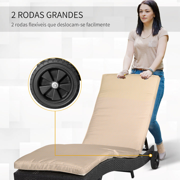 Espreguiçadeira de Vime Reclinável Espreguiçadeira de Jardim com Forma de S com 2 Rodas Encosto Ajustável em 5 Posições e Almofada Amovível para Pátio Varanda 207x70x70 cm Preto e Creme
