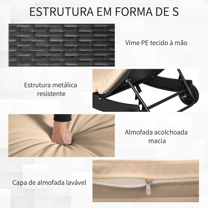 Espreguiçadeira de Vime Reclinável Espreguiçadeira de Jardim com Forma de S com 2 Rodas Encosto Ajustável em 5 Posições e Almofada Amovível para Pátio Varanda 207x70x70 cm Preto e Creme