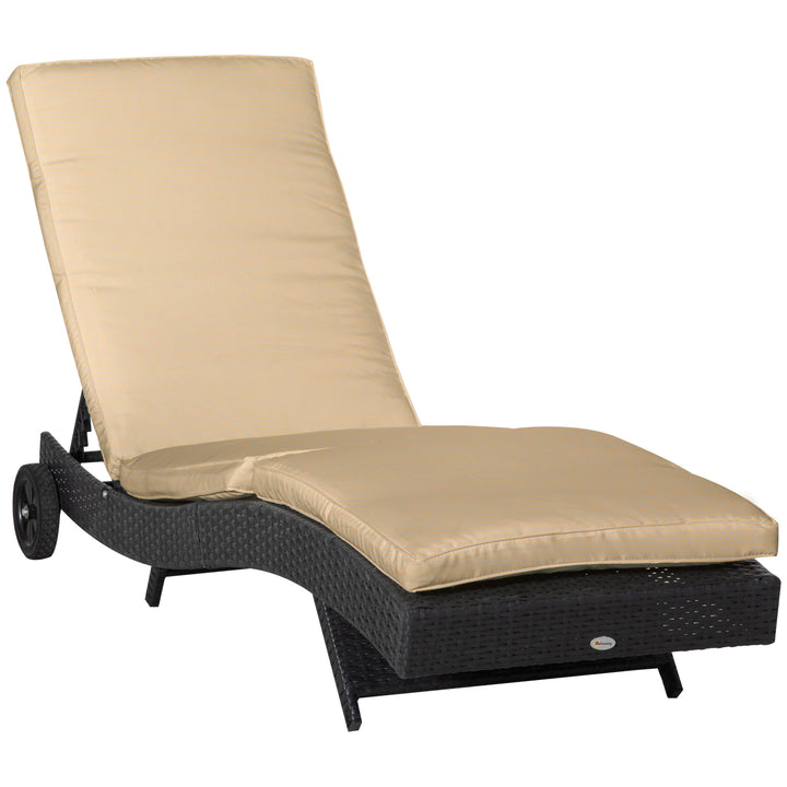 Espreguiçadeira de Vime Reclinável Espreguiçadeira de Jardim com Forma de S com 2 Rodas Encosto Ajustável em 5 Posições e Almofada Amovível para Pátio Varanda 207x70x70 cm Preto e Creme