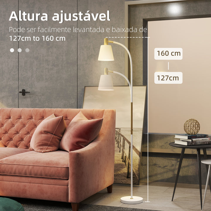 Candeeiro de Pé LED Candeeiro de Pé para Sala de Estar com Altura Ajustável Ecrã Interruptor Basculante para Sala de Estar Escritório Quarto 49x21x127-160 cm Branco e Dourado