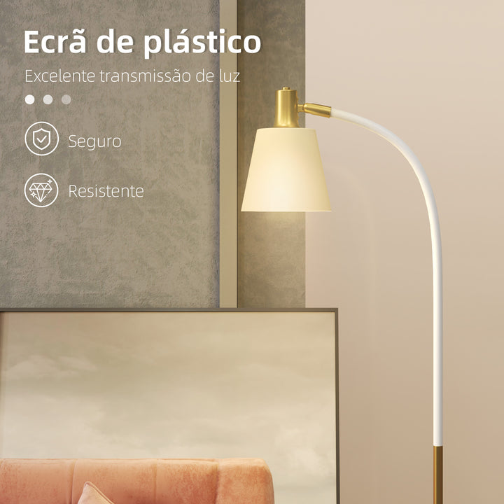 Candeeiro de Pé LED Candeeiro de Pé para Sala de Estar com Altura Ajustável Ecrã Interruptor Basculante para Sala de Estar Escritório Quarto 49x21x127-160 cm Branco e Dourado