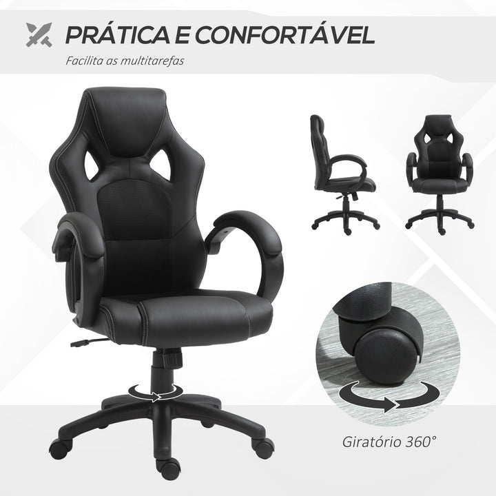 Cadeira de Escritório Ergonómica Cadeira de Escritório Giratória com Altura Ajustável Encosto Alto Estofado em Couro PU e Malha Transpirável 71x61x108-118cm Preto