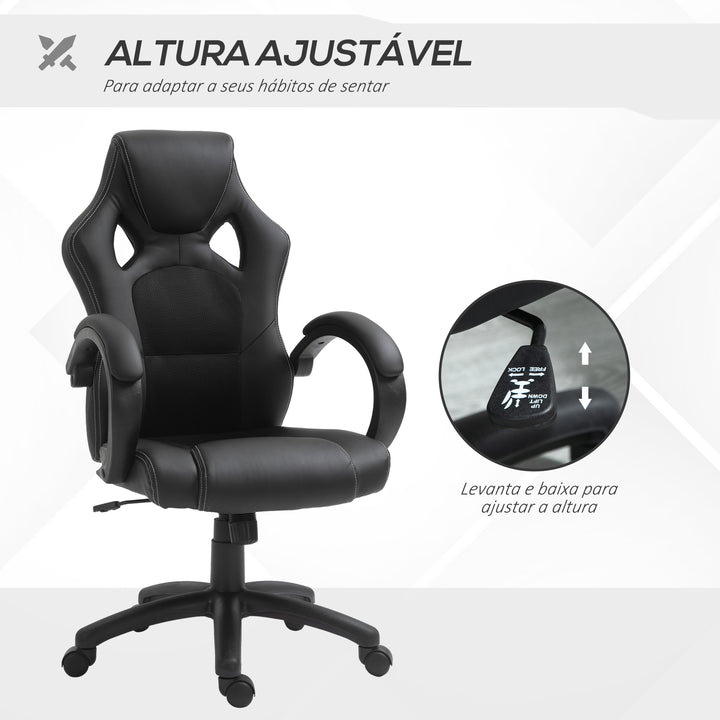 Cadeira de Escritório Ergonómica Cadeira de Escritório Giratória com Altura Ajustável Encosto Alto Estofado em Couro PU e Malha Transpirável 71x61x108-118cm Preto