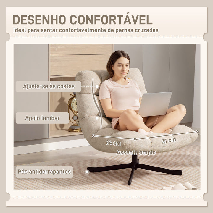 Poltrona Giratória Moderna Poltrona de Sala de Estar com Base de Cruz Estofada em Chenille Impermeável Assento Extra Largo e Pernas de Aço Poltrona Relax para Sala de Estar Quarto 75x95x90 cm Creme