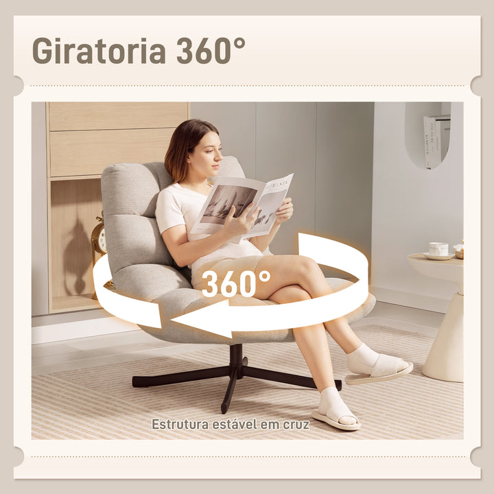 Poltrona Giratória Moderna Poltrona de Sala de Estar com Base de Cruz Estofada em Chenille Impermeável Assento Extra Largo e Pernas de Aço Poltrona Relax para Sala de Estar Quarto 75x95x90 cm Creme