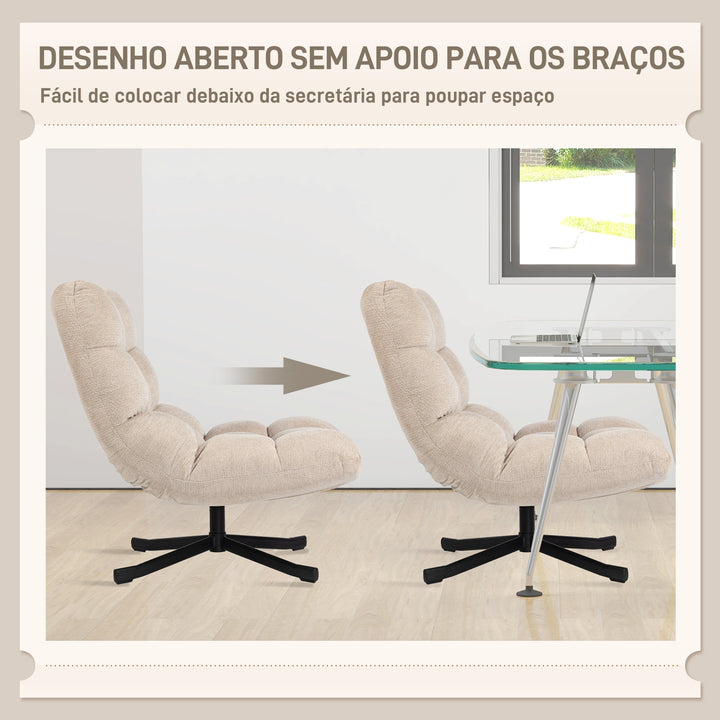 Poltrona Giratória Moderna Poltrona de Sala de Estar com Base de Cruz Estofada em Chenille Impermeável Assento Extra Largo e Pernas de Aço Poltrona Relax para Sala de Estar Quarto 75x95x90 cm Creme