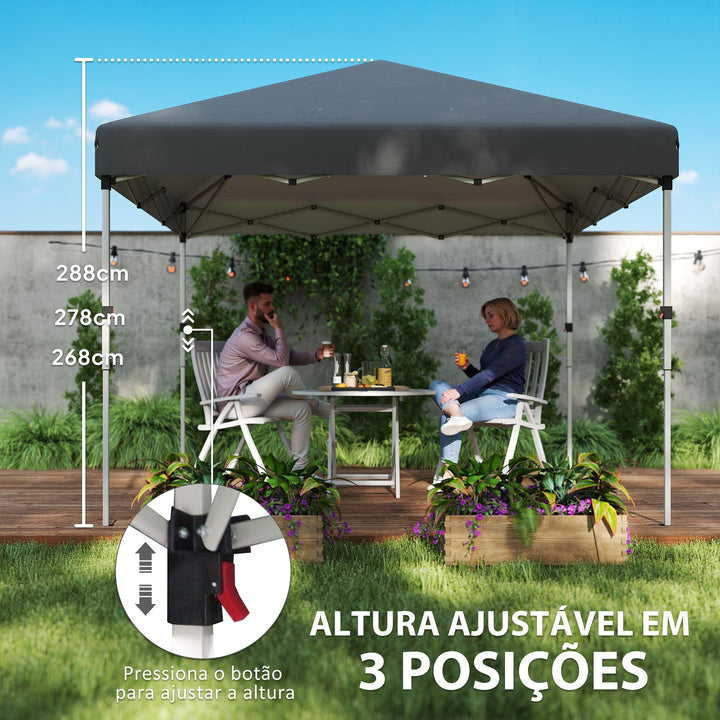 Tenda Dobrável Pop-up 297x297x288 cm Tenda para Eventos com 2 Paredes Laterais Anti-UV Altura Ajustável em 3 Níveis Sacos de Areia e Bolsa de Transporte com Rodas para Campismo Festas Cinzento Escuro