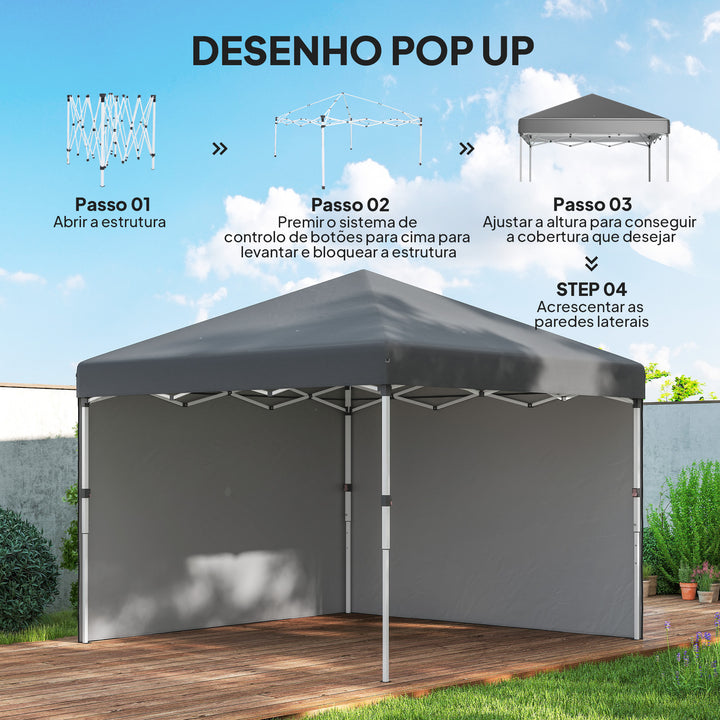 Tenda Dobrável Pop-up 297x297x288 cm Tenda para Eventos com 2 Paredes Laterais Anti-UV Altura Ajustável em 3 Níveis Sacos de Areia e Bolsa de Transporte com Rodas para Campismo Festas Cinzento Escuro