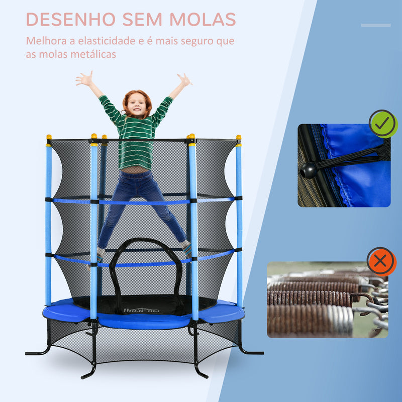 Trampolim para Crianças acima de 3 Anos Cama Elástica Infantil com Rede de Segurança e Estrutura de Aço para Interiores e Exteriores Carga 50 kg 163x163x163 cm Azul