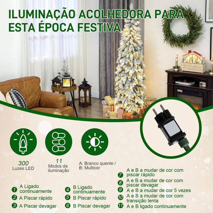 Árvore de Natal Estreita 180 cm Árvore de Natal Nevada com Luzes LED Bicolores Temporizador 11 Modos de Iluminação 540 Ramos Suporte em Aço Montagem Fácil Verde