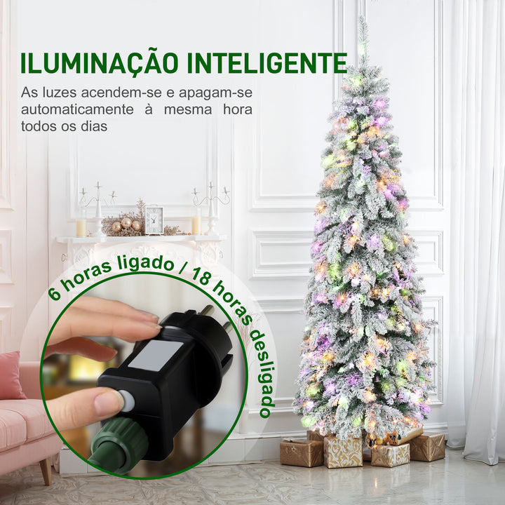 Árvore de Natal Estreita 180 cm Árvore de Natal Nevada com Luzes LED Bicolores Temporizador 11 Modos de Iluminação 540 Ramos Suporte em Aço Montagem Fácil Verde