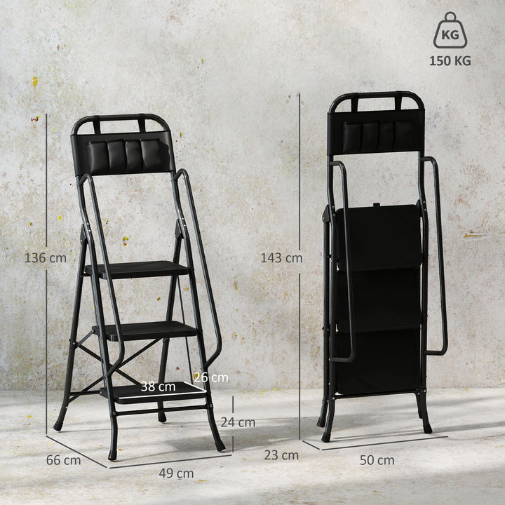 Escada Dobrável com 3 Degraus Escada de Metal com Apoio para os Braços e Suporte para Ferramentas Carga Máxima 150 kg 49x66x136 cm Preto