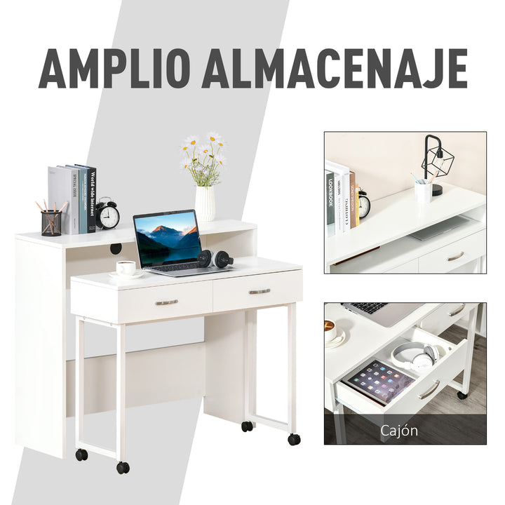 Conjunto de 2 mesas secretária para escritório com rodas 2 gavetas 100x36x88 cm Branco