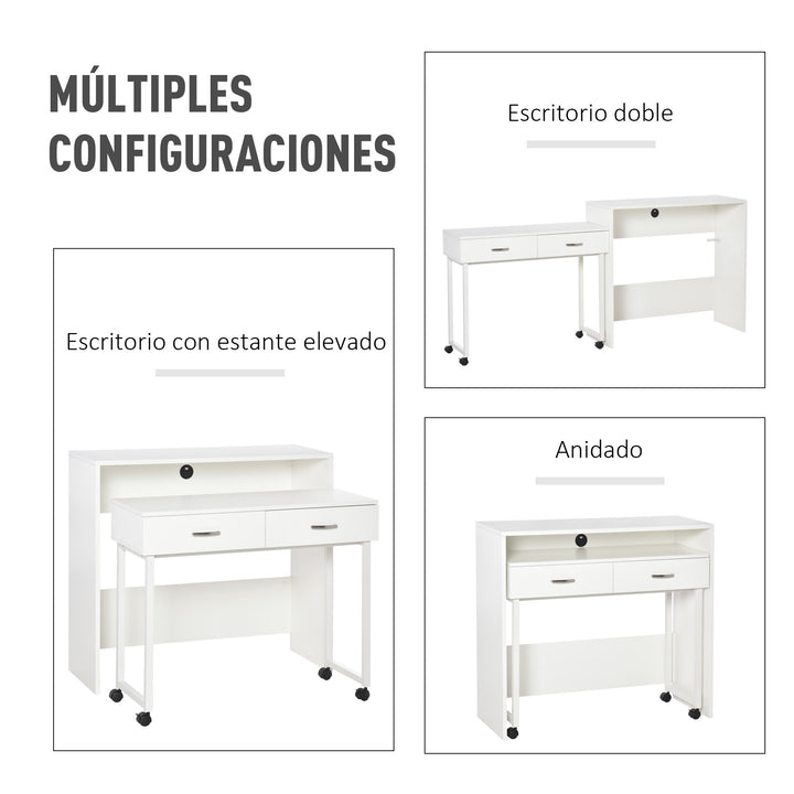 Conjunto de 2 mesas secretária para escritório com rodas 2 gavetas 100x36x88 cm Branco