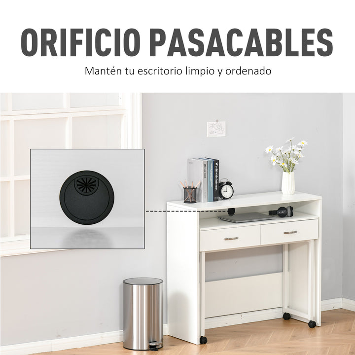 Conjunto de 2 mesas secretária para escritório com rodas 2 gavetas 100x36x88 cm Branco
