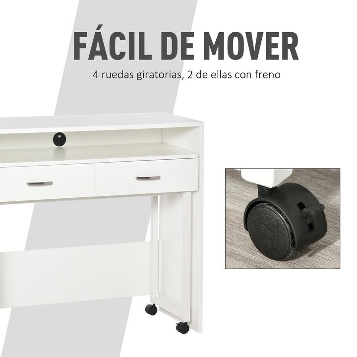 Conjunto de 2 mesas secretária para escritório com rodas 2 gavetas 100x36x88 cm Branco