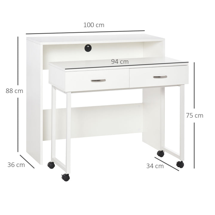 Conjunto de 2 mesas secretária para escritório com rodas 2 gavetas 100x36x88 cm Branco