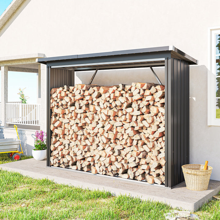 Abrigo para Lenha de Aço Galvanizado Abrigo para Lenha de Exterior Armazenamento de Troncos com Base Elevada e Teto Inclinado 213x66,5x150 cm Cinzento Escuro