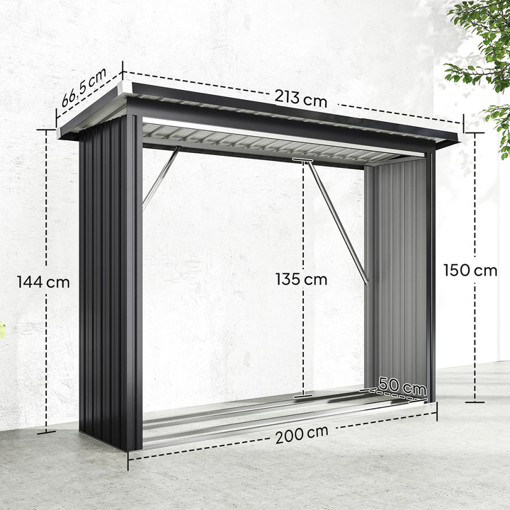 Abrigo para Lenha de Aço Galvanizado Abrigo para Lenha de Exterior Armazenamento de Troncos com Base Elevada e Teto Inclinado 213x66,5x150 cm Cinzento Escuro
