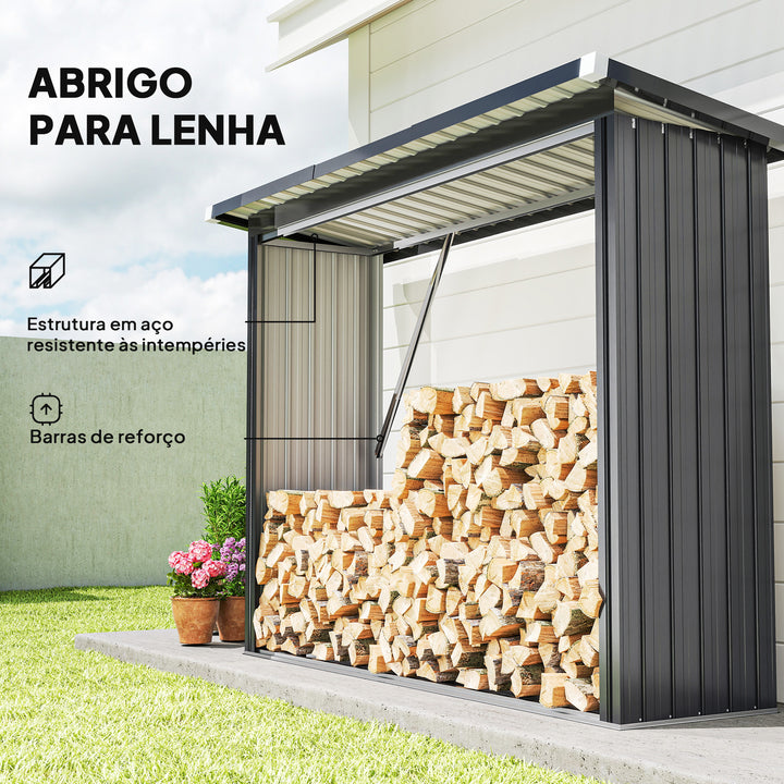 Abrigo para Lenha de Aço Galvanizado Abrigo para Lenha de Exterior Armazenamento de Troncos com Base Elevada e Teto Inclinado 213x66,5x150 cm Cinzento Escuro