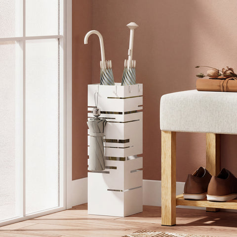 Suporte para Guarda Chuva Metálico com 4 Ganchos e Bandeja de Recolha de Gotas Removível Porta Guarda Chuva Branco para Entrada Escritório 15,5x15,5x49 cm Branco