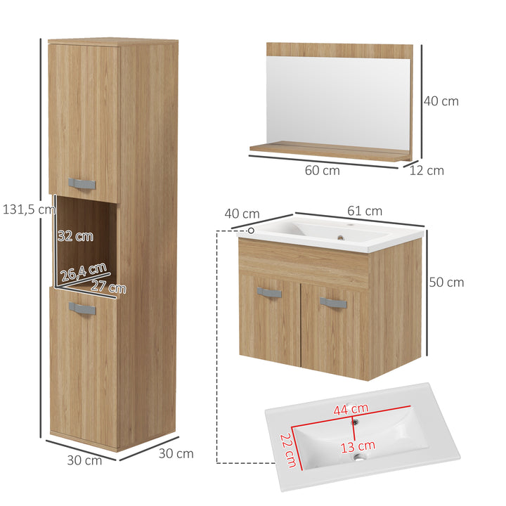 Conjunto de Móveis para Casa de Banho de Parede 3 Peças Inclui Espelho com Prateleira Móvel com Lavatório Cerâmico e Coluna de Casa de Banho Estilo Moderno Madeira
