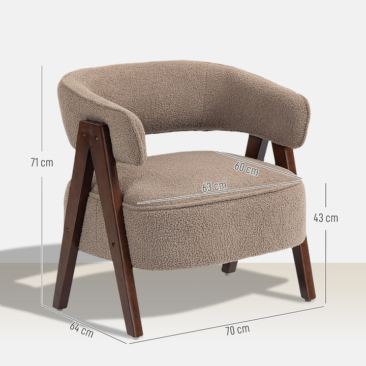 Poltrona de Sala de Estar Estofada em Borreguito Poltrona de Leitura Almofadada e Moderna Assento Largo Pés de Madeira e Encosto Curvo para Quarto Escritório 70x64x71 cm Marrom Claro