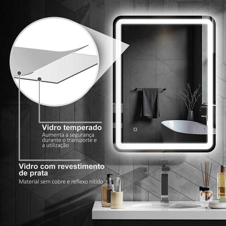 Espelho Casa de banho com Luzes LED 60x80 cm Espelho de Parede Antiembaciamento com 3 Temperaturas de Cor Ajustável e Função de Memória Horizontal e Vertical Prata