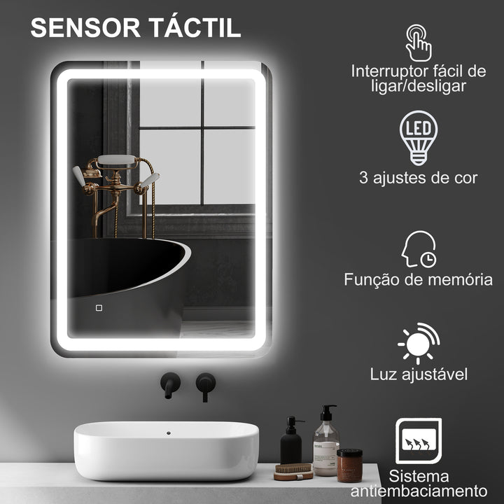 Espelho Casa de banho com Luzes LED 60x80 cm Espelho de Parede Antiembaciamento com 3 Temperaturas de Cor Ajustável e Função de Memória Horizontal e Vertical Prata