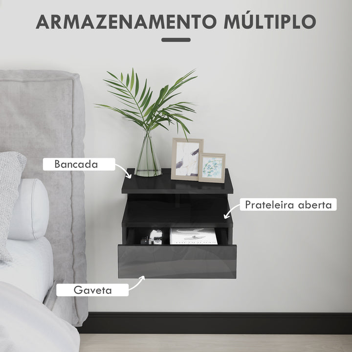 Conjunto de 2 Mesas de Cabeceira Flutuantes, Mesas de Cabeceira com Gaveta e Prateleira Aberta, Design Moderno, Para Sala de Estar, 35x32x22,5 cm, Preto Brilhante