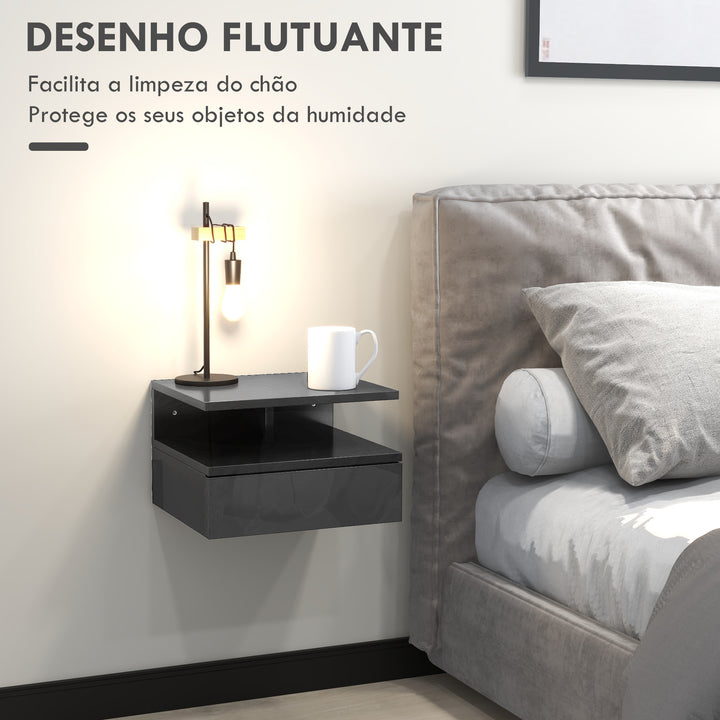 Conjunto de 2 Mesas de Cabeceira Flutuantes, Mesas de Cabeceira com Gaveta e Prateleira Aberta, Design Moderno, Para Sala de Estar, 35x32x22,5 cm, Preto Brilhante
