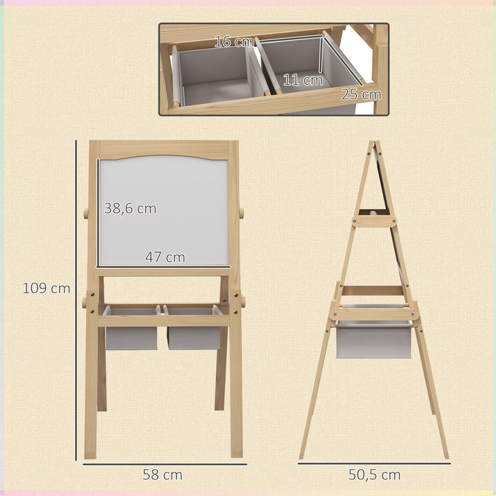 Cavalete para Crianças 3 em 1 Cavalete Duplo com Quadro preto e Quadro Branco Cavalete de Madeira para Desenhos com Rolo de Papel e 2 Cestas 58x50,5x109 cm Madeira