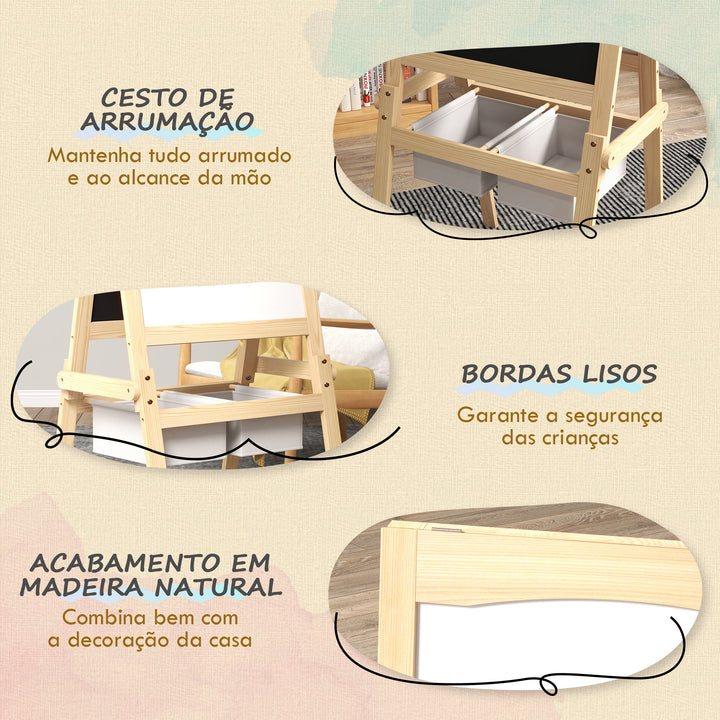 Cavalete para Crianças 3 em 1 Cavalete Duplo com Quadro preto e Quadro Branco Cavalete de Madeira para Desenhos com Rolo de Papel e 2 Cestas 58x50,5x109 cm Madeira