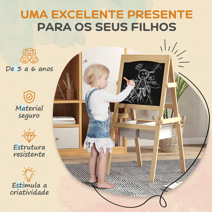 Cavalete para Crianças 3 em 1 Cavalete Duplo com Quadro preto e Quadro Branco Cavalete de Madeira para Desenhos com Rolo de Papel e 2 Cestas 58x50,5x109 cm Madeira