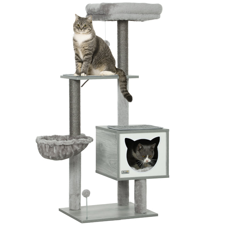Arranhador para Gatos com Plataforma Altura 126 cm Torre de Escalar para Gatos com Rede Caverna Cama Postes de Sisal e Bolas de Brincar 48x40x126 cm Cinza