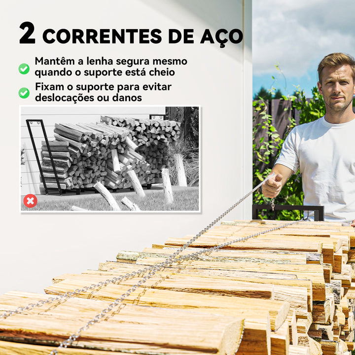Suporte de Lenha Metálico 235x31x116 cm para Exterior com Capa Impermeável Oxford 600D Estrutura de Aço e Correntes de Aço Suporte para Lenha Armazenamento para Madeira Preto