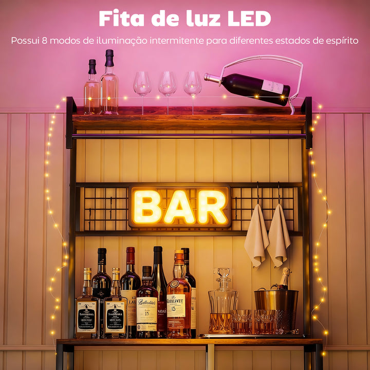Estante de Cozinha com Três Tomadas e Luzes LED Estante Estilo Industrial com Prateleiras para Micro-ondas Cesto em Malha Metálica Ganchos Barra 80x42x162 cm Castanho Rústico e Preto