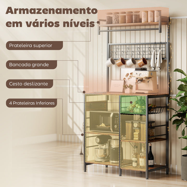 Estante de Cozinha com Três Tomadas e Luzes LED Estante Estilo Industrial com Prateleiras para Micro-ondas Cesto em Malha Metálica Ganchos Barra 80x42x162 cm Castanho Rústico e Preto