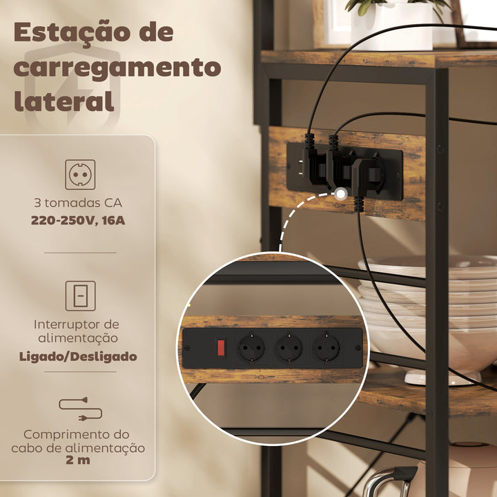 Estante de Cozinha com Três Tomadas e Luzes LED Estante Estilo Industrial com Prateleiras para Micro-ondas Cesto em Malha Metálica Ganchos Barra 80x42x162 cm Castanho Rústico e Preto