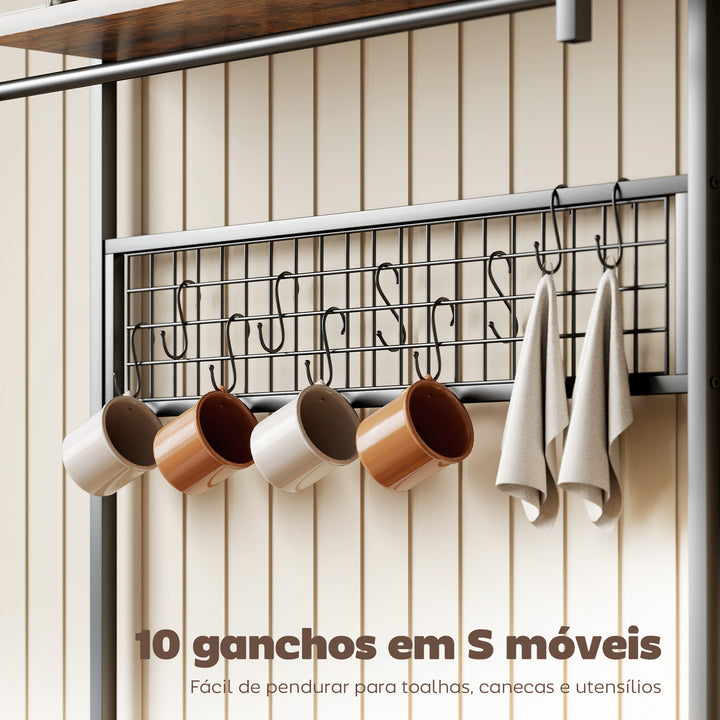 Estante de Cozinha com Três Tomadas e Luzes LED Estante Estilo Industrial com Prateleiras para Micro-ondas Cesto em Malha Metálica Ganchos Barra 80x42x162 cm Castanho Rústico e Preto