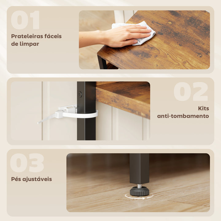 Estante de Cozinha com Três Tomadas e Luzes LED Estante Estilo Industrial com Prateleiras para Micro-ondas Cesto em Malha Metálica Ganchos Barra 80x42x162 cm Castanho Rústico e Preto