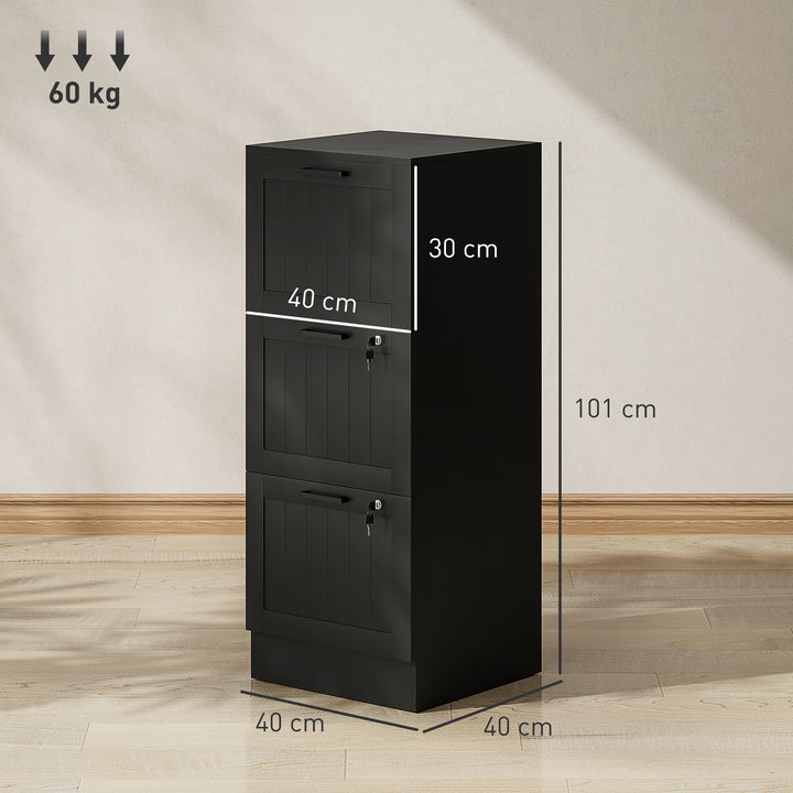 Bloco de Gavetas para Escritório Móvel Arquivador com 3 Gavetas para Escritório com Fechaduras Gavetas Suspensas para A4 40x40x101 cm Preto