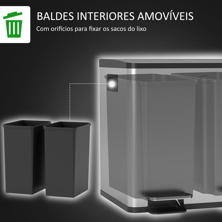 Balde de Lixo de Cozinha com 2 Compartimentos 2x15L Cubo de Lixo de Aço Inoxidável com Pedal Tampa de Fechamento Suave Rolo de 30 Bolsas de Lixo e Cubo Amovível 41,7x36,6x43,2 cm Prata